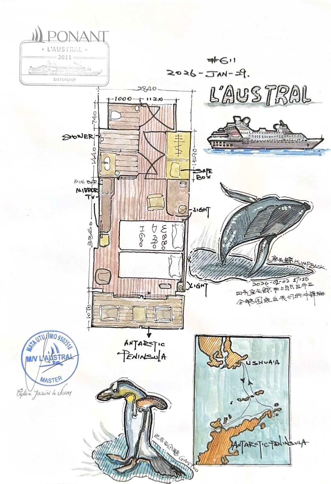 Original illustration of the L’Austral cabin, Antarctic wildlife and a voyage map by YE