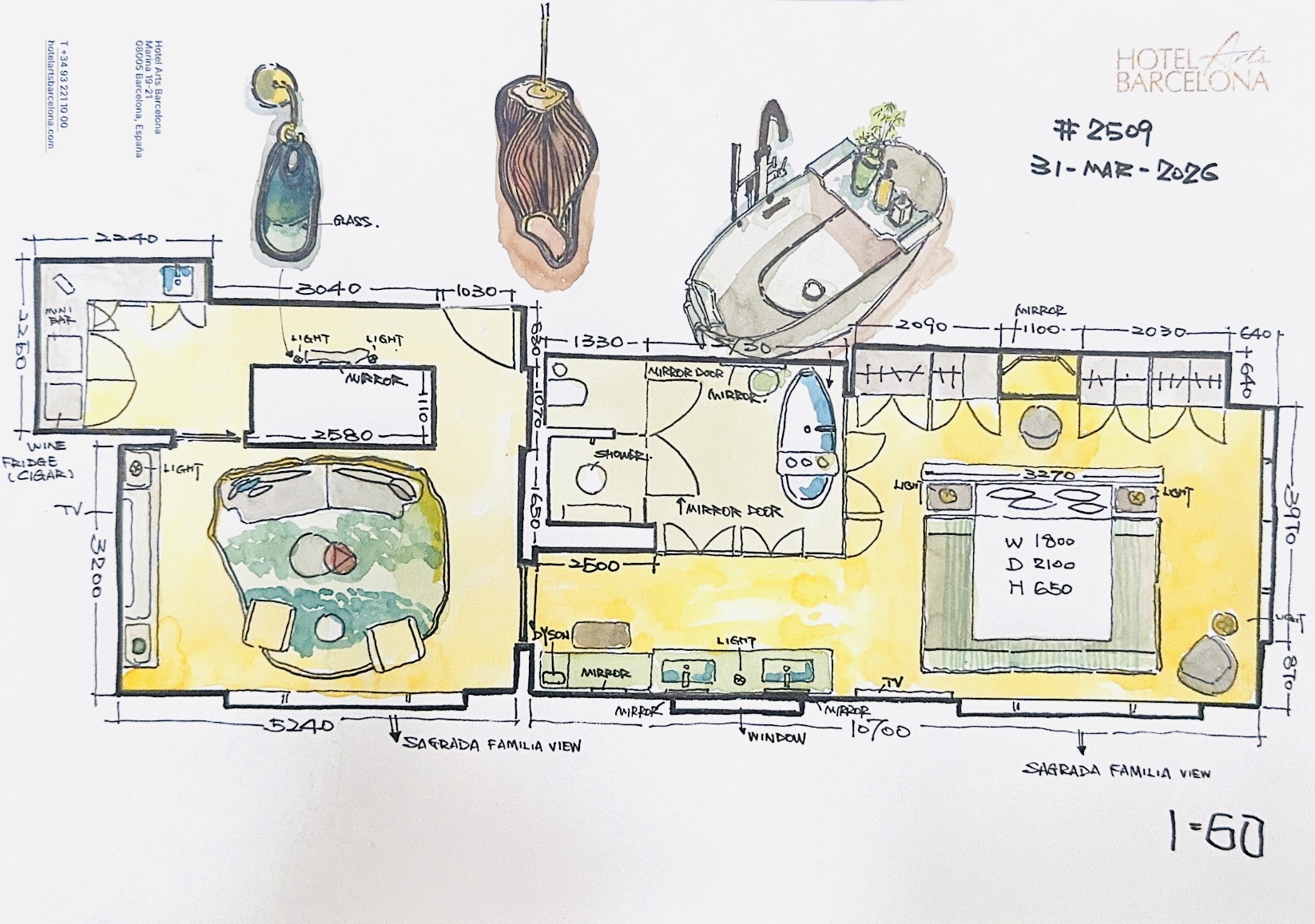 Original hand-drawn study of Hotel Arts Barcelona