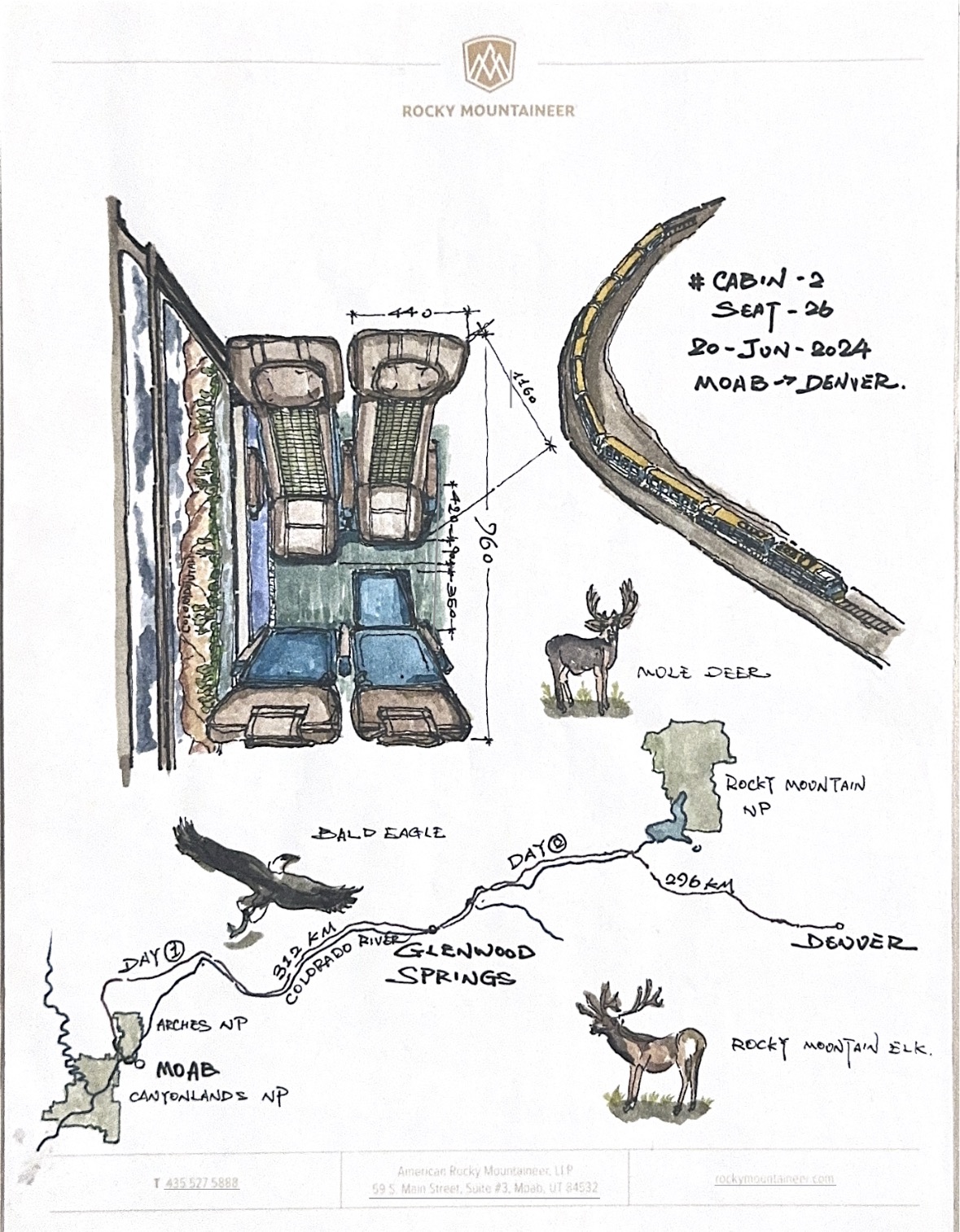 Original hand-drawn study of Rocky Mountaineer & Maxwell Anderson